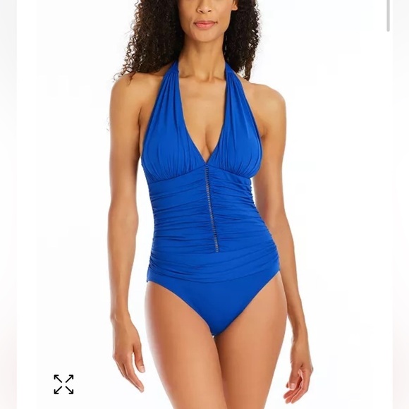 Bleu By Rod Beattie Shirred Halter One Piece Swimsuit In Cobalt Size 14 - Picture 1 of 12
